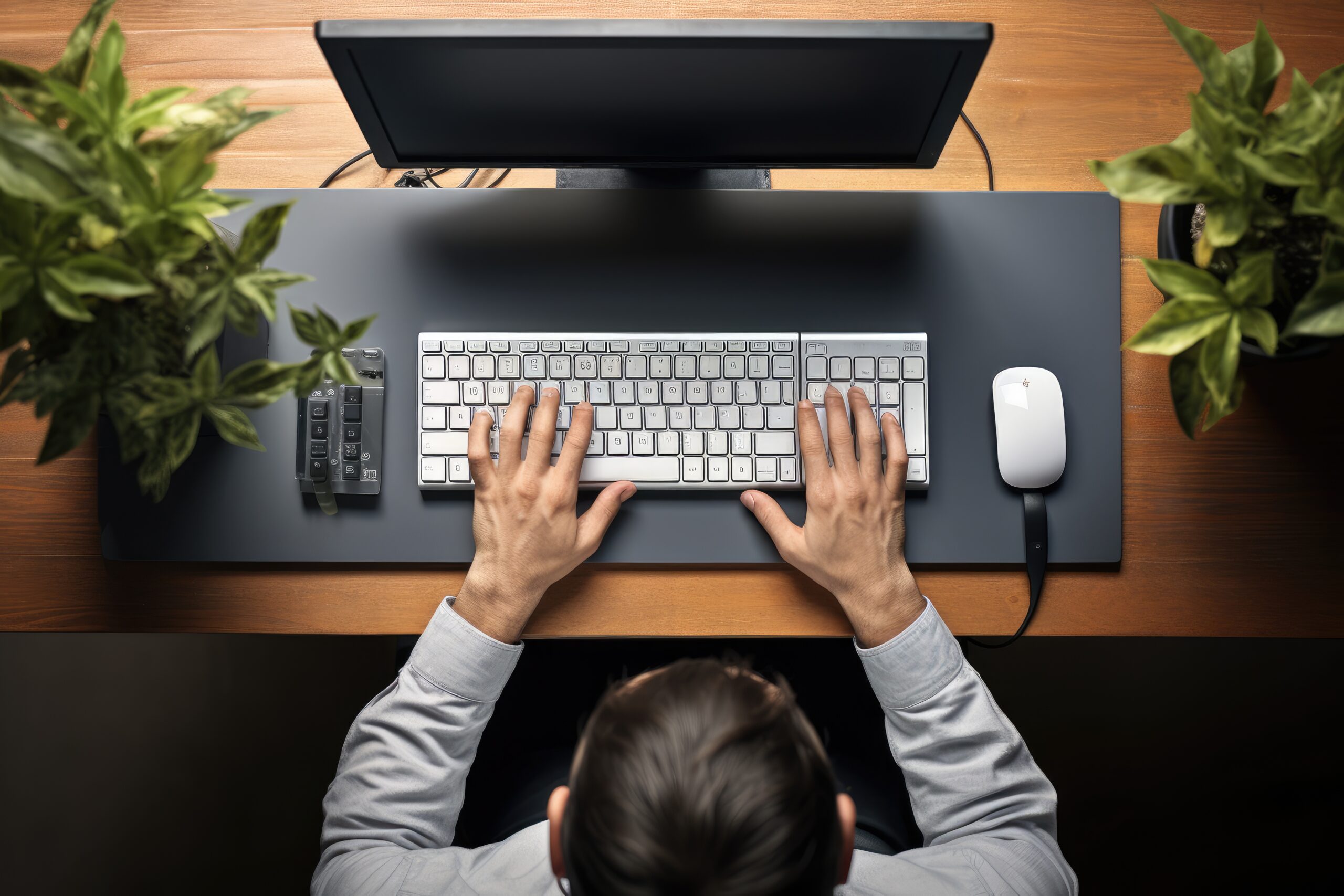 Top view of businessman working on computer at desk in office. Business concept, High angle view of male hands typing on computer keyboard while working in office, AI Generated